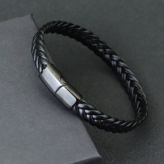 Black & Silver Men's Leather Bracelet - 21cm