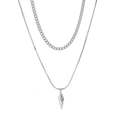 Men’s Punk Silver Cuban Link Chain & Rivet Pendant Necklace Set - 2pcs Stainless Steel