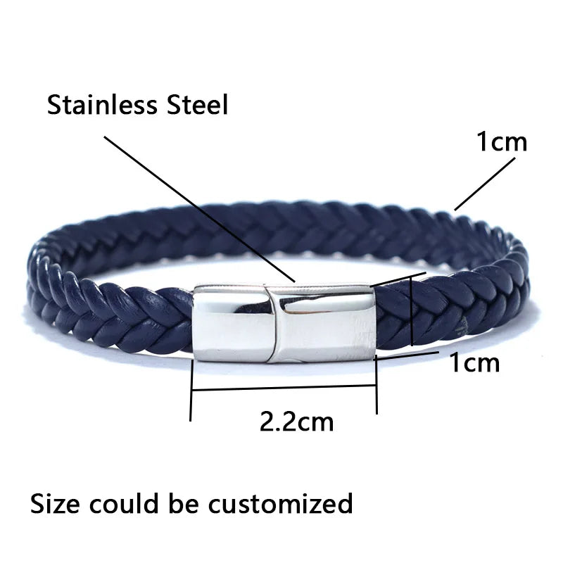 Black & Silver Men's Leather Bracelet - 21cm